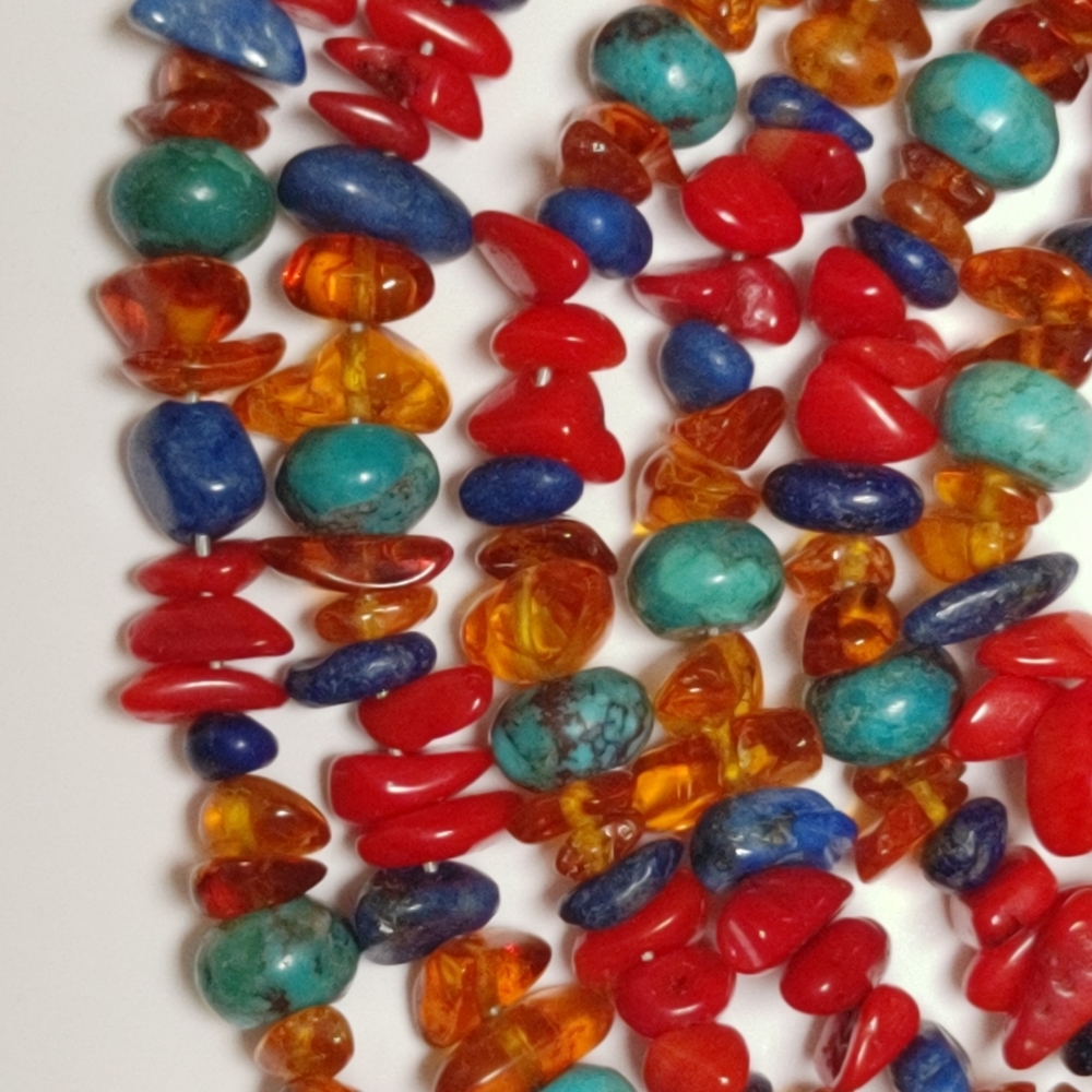 Multi Stoned Long Necklace Coral Amber Turquoise Lapis Sterling Silver C…